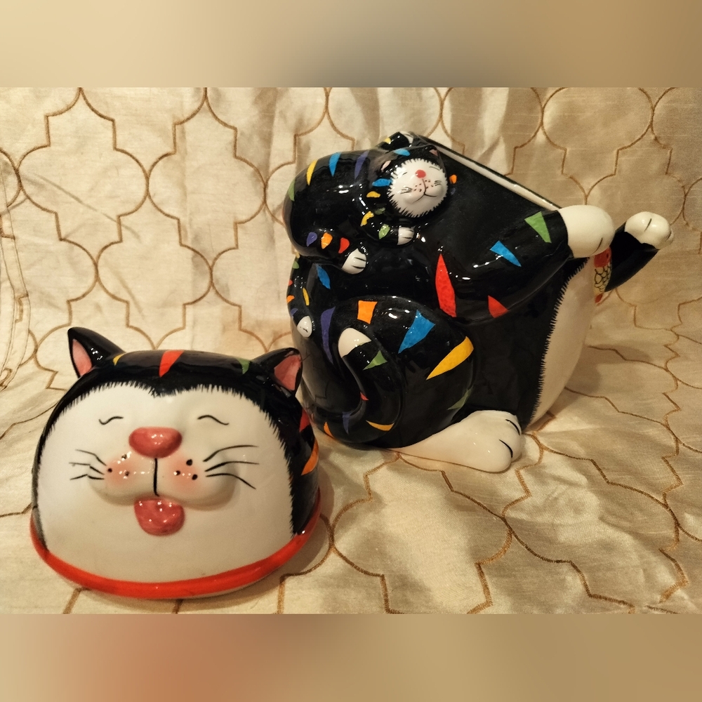 Vintage CKAO Black Cat With Multi Color Strip Ceramic Cookie Jar - Picture 10 of 13